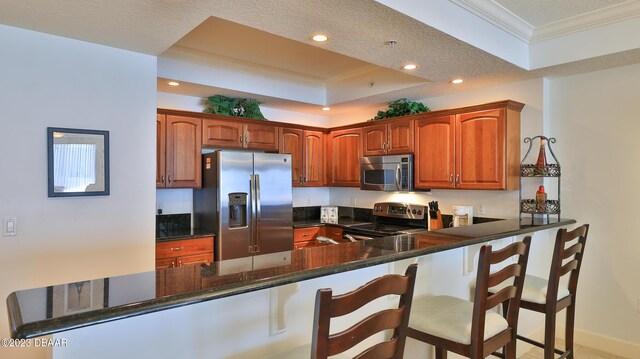 kitchen with a raised ceiling, dark stone countertops, a textured ceiling, appliances with stainless steel finishes, and kitchen peninsula