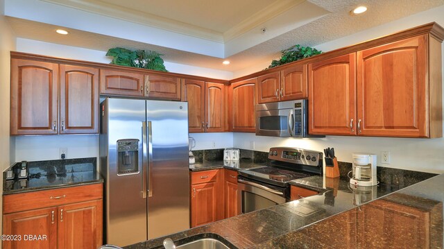 kitchen with a textured ceiling, stainless steel appliances, a tray ceiling, and ornamental molding