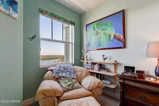 living area featuring a textured wall and a water view