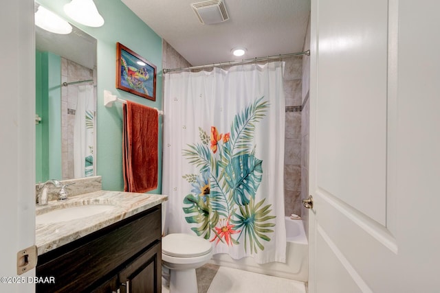 bathroom with visible vents, toilet, shower / bath combo, vanity, and a textured ceiling