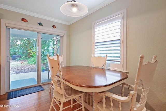 dining room with a healthy amount of sunlight, ornamental molding, and hardwood / wood-style floors