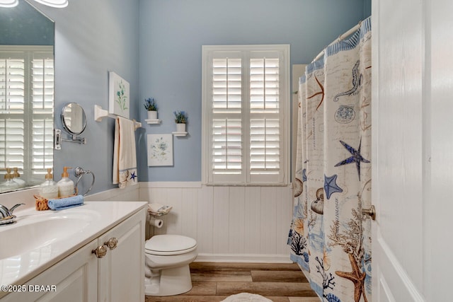 1455 Carlow Cir, Ormond Beach, FL 32174 - bathroom with wood finished floors, a wainscoted wall, vanity, and toilet
