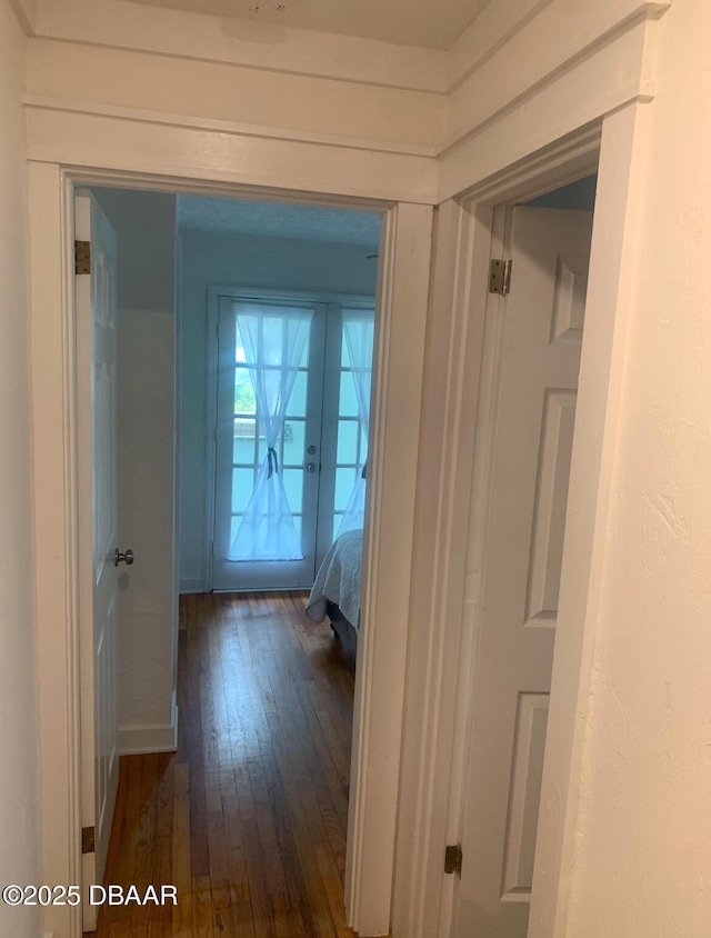 hallway with dark hardwood / wood-style flooring