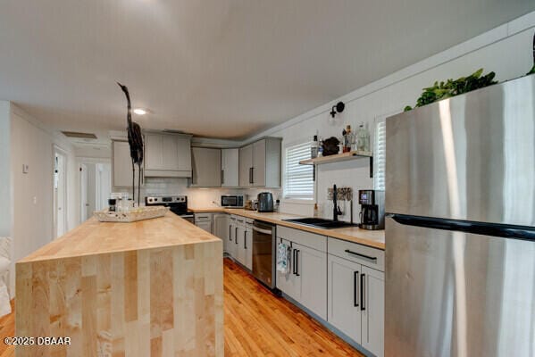 kitchen with gray cabinets, butcher block countertops, sink, a center island, and stainless steel appliances