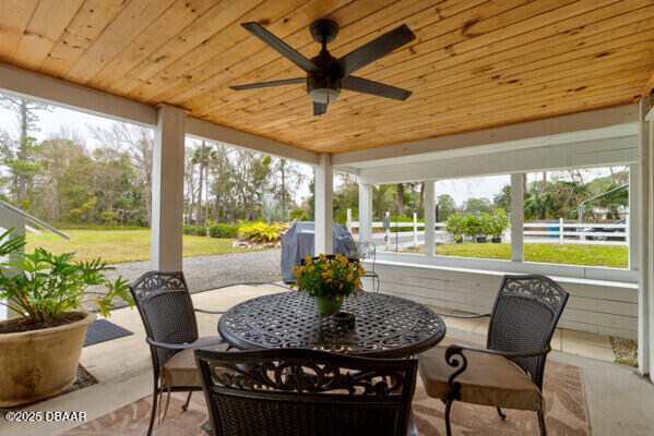 sunroom / solarium with ceiling fan and wooden ceiling