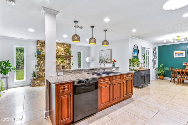 887 Sugar House Ct, Port Orange, FL 32129 - kitchen with black dishwasher, light stone counters, light tile patterned floors, recessed lighting, and crown molding