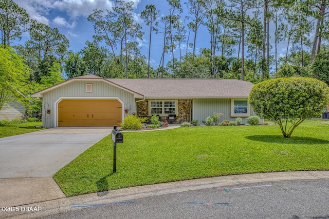 887 Sugar House Ct, Port Orange, FL 32129 - single story home with driveway, an attached garage, a front yard, stone siding, and a shingled roof