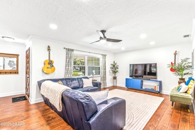 887 Sugar House Ct, Port Orange, FL 32129 - living room with hardwood / wood-style flooring, ceiling fan, crown molding, a textured ceiling, and recessed lighting