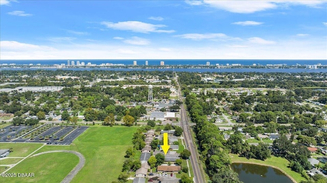 drone / aerial view with a water view