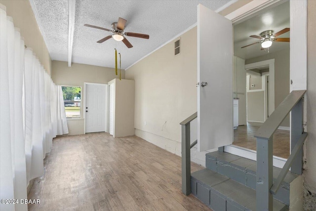 living room featuring light hardwood / wood-style floors, ceiling fan, a textured ceiling, and crown molding