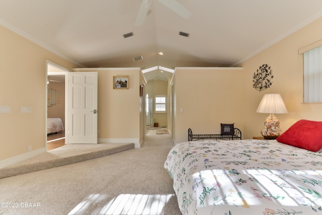 bedroom with lofted ceiling, ornamental molding, visible vents, and light colored carpet