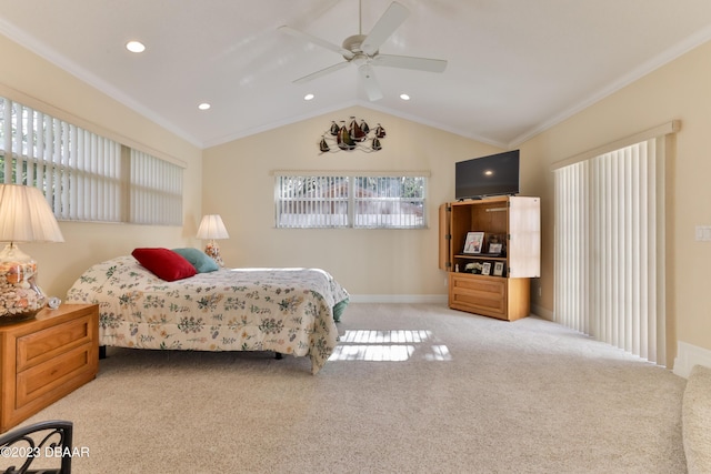 bedroom with lofted ceiling, recessed lighting, light colored carpet, a ceiling fan, and baseboards