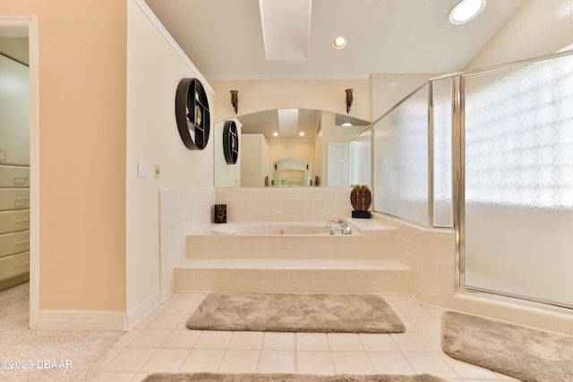 full bath with recessed lighting, a stall shower, vaulted ceiling, tile patterned flooring, and baseboards