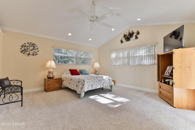 bedroom featuring light carpet and crown molding