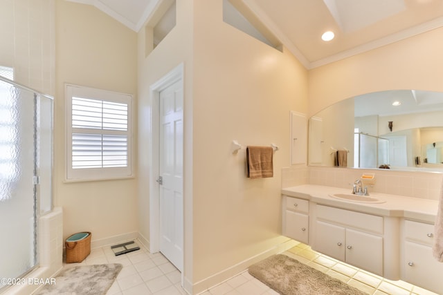 full bath with a stall shower, ornamental molding, decorative backsplash, and vanity