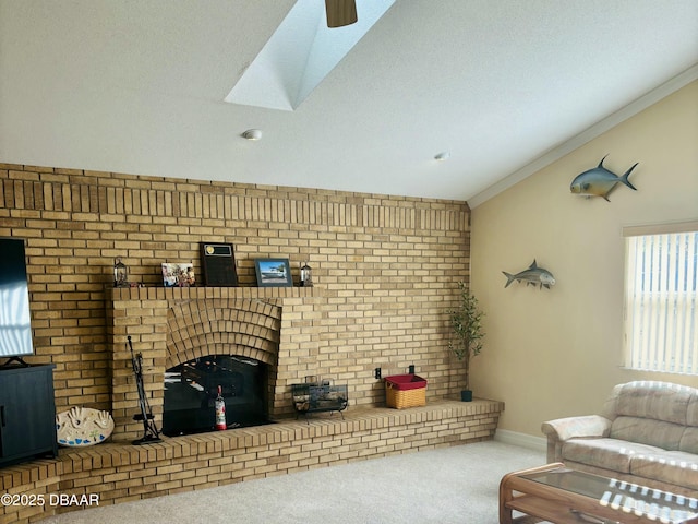 carpeted living room featuring vaulted ceiling, a textured ceiling, baseboards, and crown molding