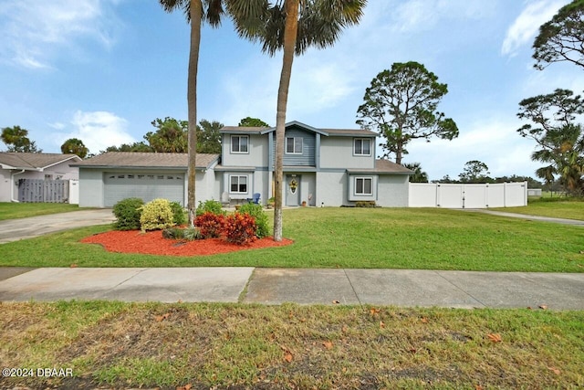 view of front of home with a front yard and a garage