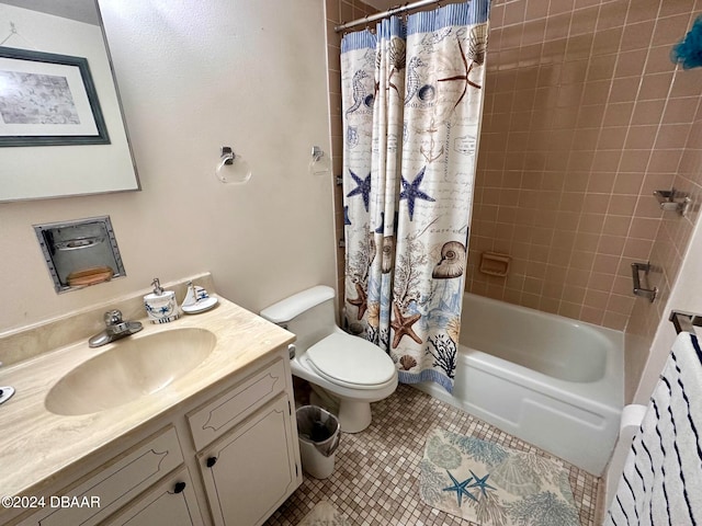 full bathroom with tile patterned flooring, vanity, toilet, and shower / bath combo with shower curtain