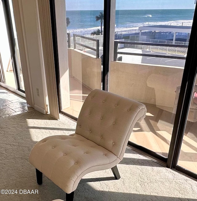 sitting room with plenty of natural light, a water view, and a view of the beach