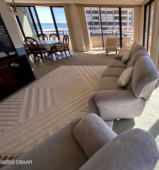 living room featuring carpet and a water view