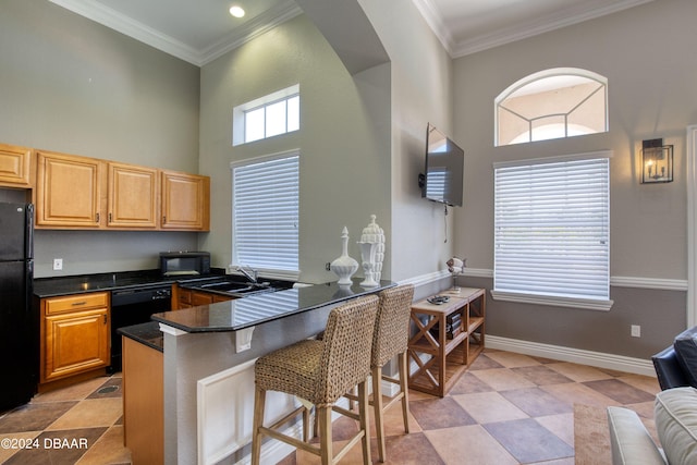 kitchen with ornamental molding, kitchen peninsula, plenty of natural light, and black appliances