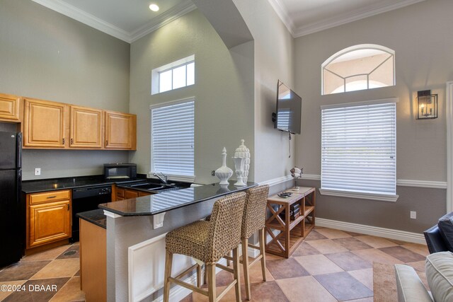 940 Village Trl Unit 2-207, Port Orange, FL 32127 - kitchen with black appliances, a sink, a high ceiling, a kitchen bar, and crown molding