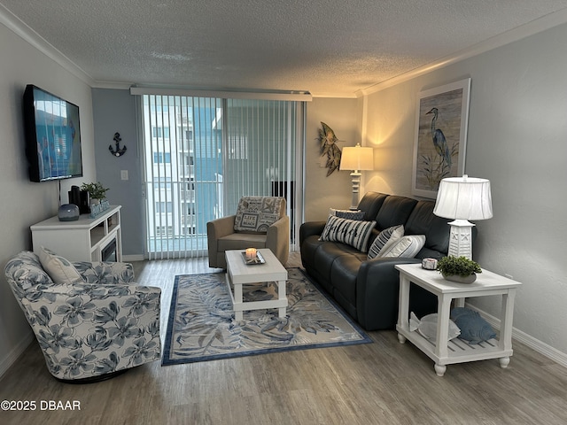 living room featuring wood-type flooring, a textured ceiling, and ornamental molding