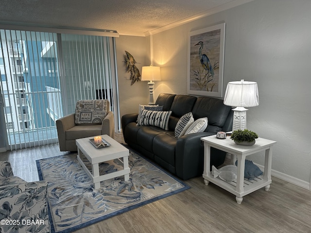 living room featuring hardwood / wood-style floors, a textured ceiling, and ornamental molding