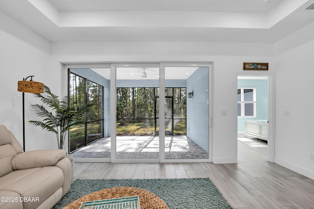 802 Margaritaville Ave, Daytona Beach, FL 32124 - doorway with wood finished floors, a raised ceiling, and baseboards