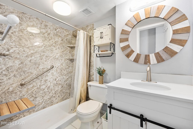 full bathroom with toilet, a shower with shower curtain, vanity, and visible vents