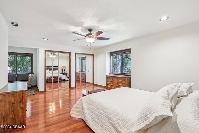 bedroom featuring multiple closets, ceiling fan, multiple windows, and light hardwood / wood-style floors