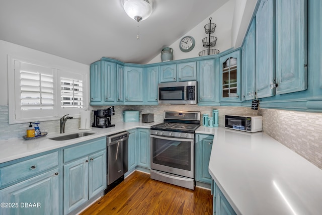 kitchen with blue cabinetry, light countertops, a sink, and stainless steel appliances