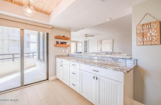 kitchen featuring light stone counters, white cabinetry, wood ceiling, kitchen peninsula, and ceiling fan