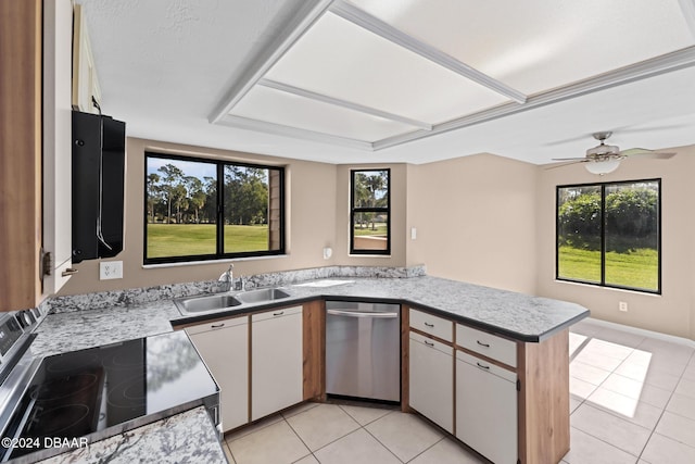 kitchen with dishwasher, sink, white cabinetry, electric range oven, and kitchen peninsula