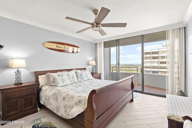 bedroom featuring ceiling fan, access to exterior, and crown molding