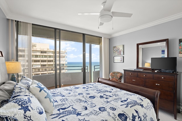 bedroom with ceiling fan, light wood-type flooring, crown molding, and access to outside