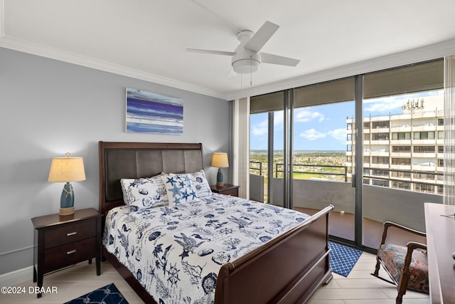 tiled bedroom with ceiling fan, access to exterior, and crown molding