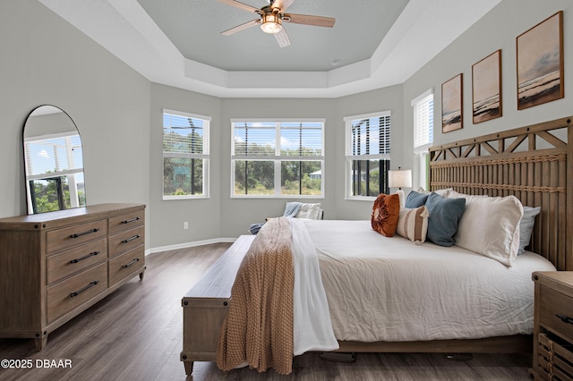 500 Barefoot Life Ln, Daytona Beach, FL 32124 - bedroom with multiple windows, dark wood-style floors, a tray ceiling, and a ceiling fan