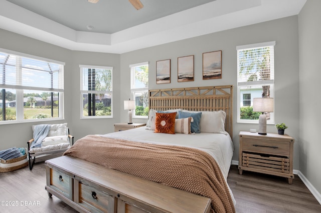 500 Barefoot Life Ln, Daytona Beach, FL 32124 - bedroom featuring a raised ceiling, wood finished floors, multiple windows, and a ceiling fan