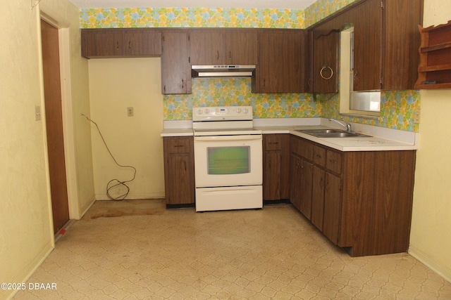 kitchen with white range with electric cooktop, sink, and dark brown cabinetry