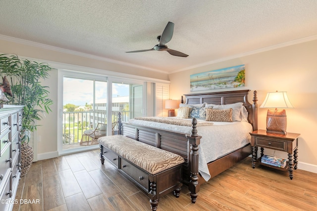 bedroom with light wood-type flooring, access to outside, ornamental molding, and a textured ceiling