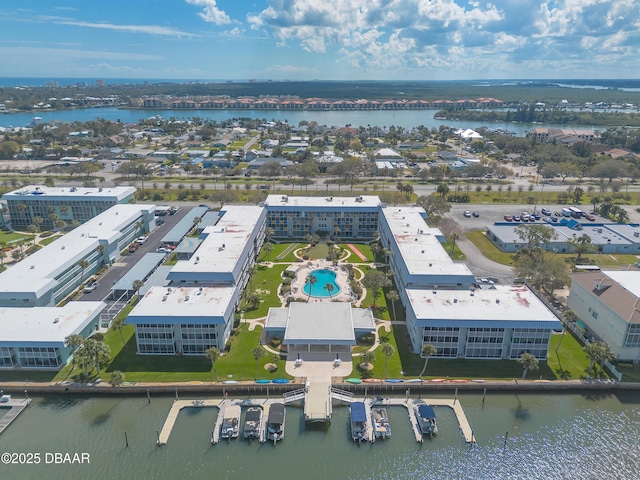 bird's eye view with a water view