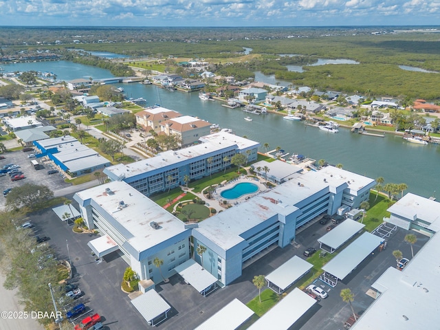 bird's eye view with a water view