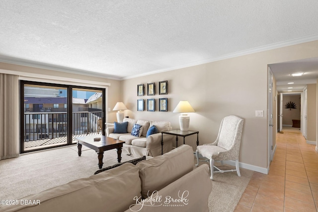 living room with ornamental molding, light tile patterned floors, and a textured ceiling