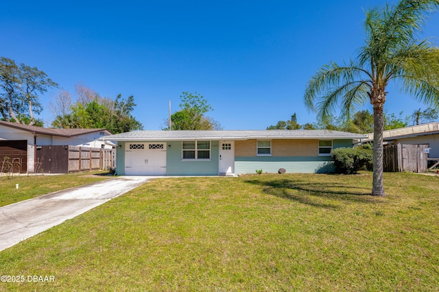 ranch-style house featuring fence, driveway, an attached garage, a front lawn, and brick siding