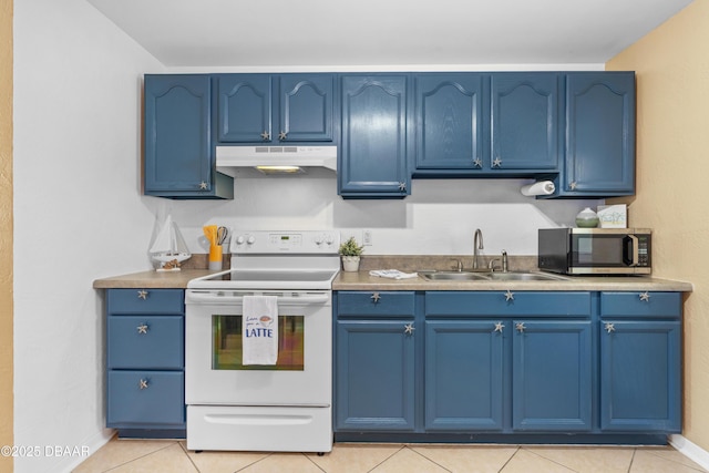 kitchen featuring blue cabinets, sink, white electric range oven, and light tile patterned floors