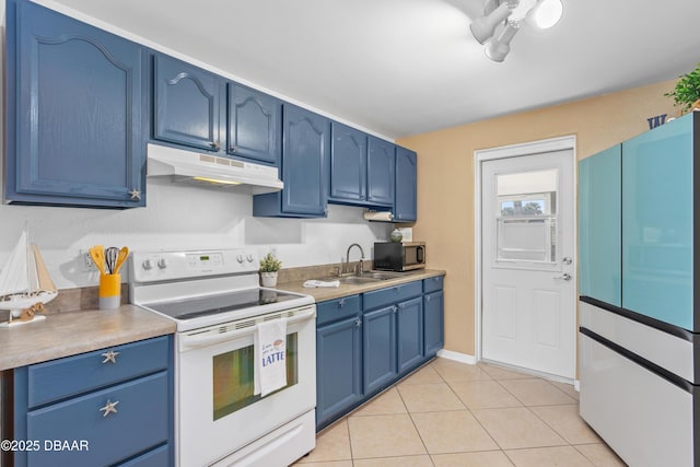 kitchen featuring white electric stove, blue cabinetry, sink, and light tile patterned floors