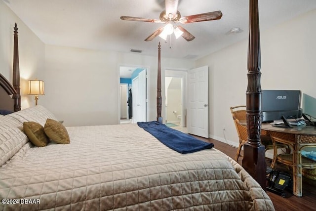 bedroom featuring dark hardwood / wood-style flooring and ceiling fan