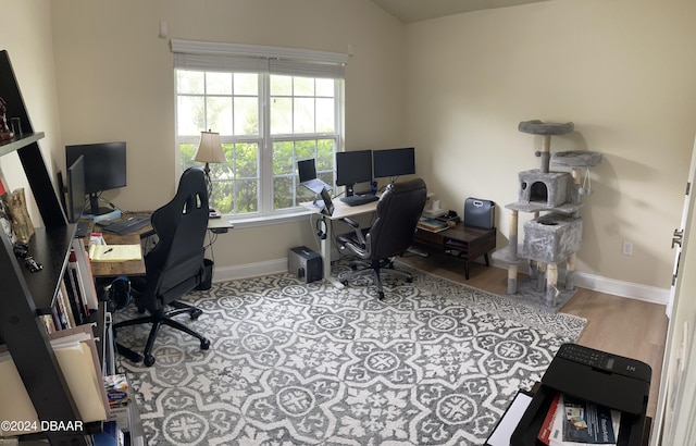 office featuring light hardwood / wood-style floors, plenty of natural light, and lofted ceiling