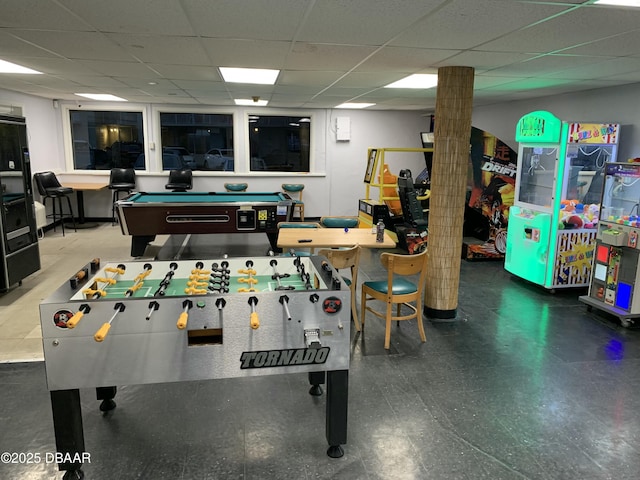 playroom featuring tile patterned floors, billiards, and a drop ceiling